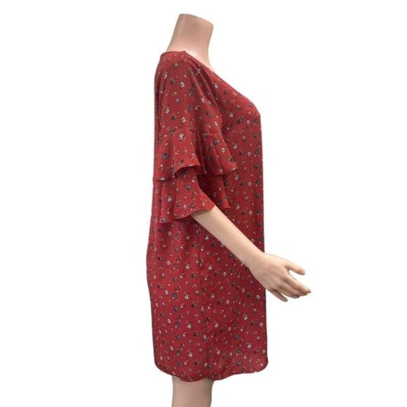 She + Sky Women SZ Large Maroon Floral Multi Mini Dress-Bell Sleeve-Pullover - Picture 10 of 13